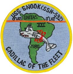 SSN-592 USS Snook UNITAS XXI MARITIME EXERCISE
Namesake. Snook, is a species of marine fish in the family Centropomidae of the order Perciformes
Builder. Ingalls Shipbuilding, MS
Ordered. 18 Jan 1957
Laid down. 7 Apr 1958
Launched. 31 Oct 1960
Commissioned. 24 Oct 1961
Decommissioned. 14 Nov 1986
Stricken	. 14 Nov 1986
Fate. Entered the Submarine Recycling Program on 1 Oct 1996
Class and type. Skipjack-class submarine
Displacement:	
2,830 long tons (2,880 t) surfaced
3,500 long tons (3,600 t) submerged
Length. 251 ft 8 in (76.71 m)
Beam. 31 ft 7.75 in (9.6457 m)
Draft. 28 ft (8.5 m)
Propulsion:	
1 × S5W reactor
2 × Westinghouse steam turbines, 15,000 shp (11 MW)
1 shaft
Speed. 15 knots (17 mph; 28 km/h) surfaced; More than 30 knots (35 mph; 56 km/h) submerged
Test depth. 700 ft (210 m)
Complement. 118
Sensors and processing systems:	
BPS-12 radar
BQR-21 sonar
BQR-2 passive sonar
BQS-4 (modified) active/passive sonar
Armament:
6 × 21 inch (533 mm) torpedo tubes (bow)
24 × Mark 37 torpedoes, Mark 14 torpedoes, Mark 16 torpedoes, Mark 45 ASTOR nuclear torpedoes, and/or Mark 48 torpedoes

