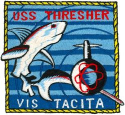 SSN-593 USS Thresher 
Namesake. The Thresher shark
Builder. Portsmouth Naval Shipyard, NH
Ordered. 15 Jan 1958
Laid down. 28 May 1958
Launched. 9 Jul 1960
Commissioned. 3 Aug 1961
Motto. Vis Tacita (Silent Strength)
Fate. Lost with all hands during deep diving tests, 10 Apr 1963; 129 died.
Class and type. Thresher/Permit-class attack submarine
Displacement. 3,540 short tons (3,210 t) light, 3,770 short tons (3,420 t) submerged
Length. 279 ft (85 m)
Beam. 32 ft (9.8 m)
Draft. 26 ft (7.9 m)
Propulsion. 1 Westinghouse S5W PWR, Westinghouse Geared Turbines 15,000 shp (11 MW)
Speed. 33 knots (61 km/h; 38 mph)
Complement. 16 officers, 96 men
Armament. 
4 × 21 in (533 mm) torpedo tubes
UUM-44 SUBROC (SUBmarine ROCket)
UGM-84A/C Harpoon, MK57 deep water mines
MK60 CAPTOR mines

