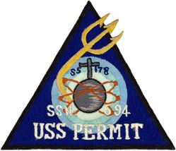 SSN-594 USS Permit
Namesake. Permit, a game fish of the western Atlantic Ocean belonging to the family Carangidae
Builder. Mare Island Naval Shipyard, Vallejo, CA
Ordered. 27 Jan 1958
Laid down. 1 May 1959
Launched. 1 July 1961
Commissioned. 29 May 1962
Decommissioned. 23 Jul 1991
Stricken. 23 Jul 1991
Fate. Entered Ship-Submarine Recycling Program, 30 Sep 1991
Class and type. Thresher/Permit-class attack submarine
Displacement:	
3,700 long tons (3,759 t) surfaced
4,300 long tons (4,369 t) submerged
Length.	278 ft 5 in (84.86 m)
Beam. 31 ft 7 in (9.63 m)
Draft. 25 ft 2 in (7.67 m)
Propulsion:	
1 S5W PWR
2 steam turbines, 15,000 shp (11 MW)
1 shaft
Speed. 20 knots (37 km/h; 23 mph)+ surfaced
Test depth. 1,300 ft (400 m)
Complement. 105 officers and men
Armament:	
4 × 21 in (533 mm) torpedo tubes
UUM-44 SUBROC (SUBmarine ROCket)

