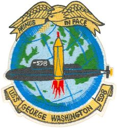 SSBN-598 USS George Washington 
Namesake. President George Washington (1732–1799)
Ordered. 31 Dec 1957
Builder. General Dynamics Electric Boat
Laid down. 1 Nov 1958
Launched. 9 Jun 1959
Commissioned. 	30 Dec 1959
Decommissioned. 24 Jan 1985
Stricken	. 30 Apr 1986
Homeport. Pearl Harbor, HI
Fate. Recycling via the Ship-Submarine Recycling Program completed 30 Sep 1998
Class and type. George Washington-class submarine (hull design SCB-180A)
Displacement:	
5400 tons light
5959–6019 tons surfaced
6709–6888 Approx. tons submerged
Length. 	381 ft 7.2 in (116.312 m)
Beam. 33 ft (10 m)
Draft. 29 ft (8.8 m)
Propulsion:	
1 × S5W PWR
2 × geared turbines rated at 15,000 shp (11,000 kW)
1 × 7-bladed screw
Speed:
20 kn (37 km/h) surfaced
+25 kn (46 km/h) submerged
Range. unlimited except by food supplies
Test depth. 700 ft (210 m) (maximum over 900 ft (270 m))
Capacity. 120
Complement. Two crews (Blue/Gold) each consisting of 12 officers and 100 men.
Armament:	
16 Polaris A1/A3 missiles
6 × 21 in (530 mm) torpedo tubes (Mark 16, Mark 37, or Mark 48 torpedoes)

