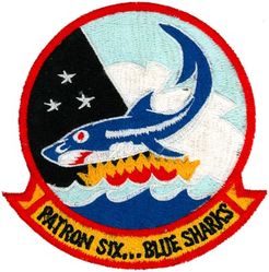 Patrol Squadron 6 (VP-6)
Established as Bombing Squadron ONE HUNDRED FORTY-SIX (VB-146) on 15 Jul 1943. Redesignated Patrol Bombing Squadron ONE HUNDRED FORTY-SIX (VPB-146) on 1 Oct 1944; Patrol Squadron ONE HUNDRED FORTY-SIX (VP-146) on 15 May 1946; Redesignated Medium Patrol Squadron (Landplane) SIX (VP-ML-6) on 15 Nov 1946; Patrol Squadron SIX (VP-6) on 1 Sep 1948, the third squadron to be assigned the VP-6 designation. Disestablished on 31 May 1993.

Lockheed P2V-2 Neptune, 1948-1950
Lockheed P2V-3/P2V-3W Neptune, 1950-1954
Lockheed P2V-5/5F Neptune, 1954-1962
Lockheed SP-2E Mod II Neptune, 1962-1965
Lockheed P-3A Orion, 1965-1974
Lockheed P-3B Orion, 1974-1977
Lockheed P-3B MOD Orion, 1977-1990
Lockheed P-3C UII.5MOD Orion, 1990-1993

Insignia (2nd) “Blue Sharks” approved by CNO on 7 Oct 1952.

