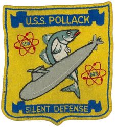 SSN-603 USS Pollack
Namesake. The Pollack, species of North Atlantic marine fish in the genus Pollachius
Awarded. 3 Mar 1959
Builder. New York Shipbuilding, Camden, NJ
Laid down. 14 Mar 1960
Launched. 17 Mar 1962
Commissioned. 26 May 1964
Decommissioned. 1 Mar 1989
Stricken. 1 Mar 1989
Fate. Entered Ship-Submarine Recycling Program, 9 Feb 1993
Class and type. Thresher/Permit-class submarine
Displacement. 3,750 long tons (3,810 t)
Length. 278 ft 5 in (84.86 m)
Beam. 31 ft 7 in (9.63 m)
Draft. 25 ft 2 in (7.67 m)
Propulsion. S5W PWR
Speed. 20 knots (37 km/h; 23 mph)+
Complement. 107 officers and men
Armament:	
4 × 21 in (533 mm) torpedo tubes
SUBROC

