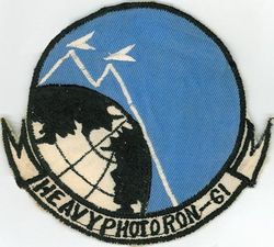 Heavy Photographic Squadron 61 (VAP-61) 
Established as Patrol Squadron SIXTY ONE (VP-61) on 20 Jan 1951. Redesignated: Photographic Squadron SIXTY ONE (VJ-61) on 5 Mar 1952; Heavy Photographic Squadron SIXTY ONE (VAP-61) "World Recorders" in Apr 1956. Composite Photographic Reconnaissance Squadron SIXTY ONE (VCP-61) on 1 Jul 1959. Heavy Photographic Squadron SIXTY ONE (VAP-61) on 1 Jul 1961. Disestablished on 1 Jul 1971.

North American AJ-2P Savage, 1952
Vought F8U-1P Crusader, 1959-1961
Douglas A3D-2P/RA-3B/KA-3B Skywarrior, 1959-1971

Insignia (2nd insignia) approved on 11 Jan 1961



