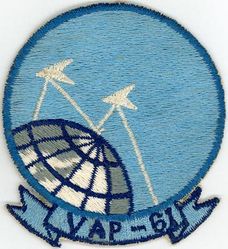 Heavy Photographic Squadron 61 (VAP-61) 
Established as Patrol Squadron SIXTY ONE (VP-61) on 20 Jan 1951. Redesignated: Photographic Squadron SIXTY ONE (VJ-61) on 5 Mar 1952; Heavy Photographic Squadron SIXTY ONE (VAP-61) "World Recorders" in Apr 1956. Composite Photographic Reconnaissance Squadron SIXTY ONE (VCP-61) on 1 Jul 1959. Heavy Photographic Squadron SIXTY ONE (VAP-61) on 1 Jul 1961. Disestablished on 1 Jul 1971.

North American AJ-2P Savage, 1952
Vought F8U-1P Crusader, 1959-1961
Douglas A3D-2P/RA-3B/KA-3B Skywarrior, 1959-1971

Insignia (2nd insignia) approved on 11 Jan 1961

