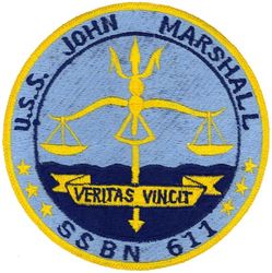 SSBN-611 USS John Marshall 
Namesake. Named for John Marshall (1755–1835), the Chief Justice of the United States.
Ordered. 1 Jul 1959
Builder. Newport News Shipbuilding and Dry Dock Company
Laid down. 4 Apr 1960
Launched. 15 Jul 1961
Commissioned. 21 May 1962
Decommissioned. 22 Jul 1992
Reclassified. Attack submarine, SSN-611, 12 Jan 1981
Stricken. 22 July 1992
Fate. Disposed of via Ship and Submarine Recycling Program 29 Mar 1993
Class and type. Ethan Allen class fleet ballistic missile submarine 1962–1980; Attack submarine 1981–1992
Displacement. 6,900 tons surfaced 7,900 tons submerged
Length. 	410 feet 4 inches (125.07 m)
Beam. 33.1 feet (10.1 m)
Draft. 27 feet 5 inches (8.36 m)
Propulsion. S5W reactor – two geared steam turbines – one shaft
Speed. 16 knots surfaced, 21 knots (24 mph; 39 km/h) submerged
Test depth. 1,300 feet (400 m)
Complement. 12 Officers and 128 Enlisted (two crews Blue and Gold)
Armament:	
16 fleet ballistic missiles (as ballistic missile submarine; deactivated 1981)
4 × 21 inches (530 mm) torpedo tubes

