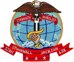 SSBN-634 USS Stonewall Jackson 
Namesake. Thomas J. "Stonewall" Jackson
Ordered. 21 Jul 1961
Builder. Mare Island Naval Shipyard, Vallejo, California
Laid down. 4 Jul 1962
Launched. 30 Nov 1963
Commissioned. 	26 Aug 1964
Decommissioned. 9 Feb 1995
Stricken	. 9 Feb 1995
Motto. Strength - Mobility
Fate. Scrapping via Ship-Submarine Recycling Program completed 13 Oct 1995
Class and type. James Madison-class submarine
Displacement:	
7,300 long tons (7,417 t) surfaced
8,250 long tons (8,382 t) submerged
Length. 	425 ft (130 m)
Beam. 33 ft (10 m)
Draft. 32 ft (9.8 m)
Installed power. S5W reactor
Propulsion. 2 × geared steam turbines, one shaft 15,000 shp (11,185 kW)
Speed. Over 20 knots (37 km/h; 23 mph)
Test depth. 1,300 feet (400 m)
Complement. Two crews (Blue and Gold) of 13 officers and 130 enlisted men each
Armament:	
16 × ballistic missile tubes
4 × 21 in (533 mm) torpedo tubes forward

