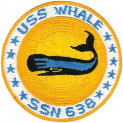 SSN-638 USS Whale
Namesake. The whale, a fully aquatic placental marine mammal
Builder. General Dynamics Quincy Shipbuilding Division, Quincy, Massachusetts
Laid down. 27 May 1964
Launched. 14 Oct 1966
Commissioned. 	12 Oct 1968
Decommissioned. 25 Jun 1996
Stricken	25 Jun 1996
Honors and awards. Battle Efficiency Award (Battle "E") (1991)
Fate. Scrapping via Ship and Submarine Recycling Program, 29 Sep 1997
Class and type. Sturgeon-class attack submarine
Displacement:
3,860 long tons (3,922 t) surfaced
4,640 long tons (4,714 t) submerged
Length. 292 ft 3 in (89.08 m)
Beam. 31 ft 8 in (9.65 m)
Draft. 28 ft 8 in (8.74 m)
Installed power. 15,000 shp (11,185.5 kW)
Propulsion:	
1 × S5W nuclear reactor
2 × steam turbines
1 × shaft
Speed: 15 kn (28 km/h; 17 mph) surfaced; 25 knots (46 km/h; 29 mph) submerged
Test depth. 1,300 ft (396 m)
Complement. 107
Armament:	
4 × 21-inch (533 mm) torpedo tubes
Mark 48 torpedoes
UUM-44A SUBROC missiles
UGM-84A/C Harpoon missiles
Tomahawk cruise missiles

