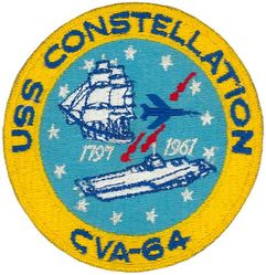 CVA-64 USS Constellation 
Namesake. A constellation, an area on the celestial sphere in which a group of visible stars forms a perceived pattern or outline, typically representing an animal, mythological subject, or inanimate object
Awarded. 1 Jul 1956
Builder: Brooklyn Navy Yard, NY
Laid down: 14 Sep 1957
Launched: 8 Oct 1960
Acquired: 1 Oct 1961
Commissioned: 27 Oct 1961
Decommissioned: 6 Aug 2003
Struck: 2 Dec 2003
Fate: Scrapped in 2017
Class and type: Kitty Hawk-class aircraft carrier
Displacement:	
61,981 short tons (56,228 t) light
82,538 short tons (74,877 t) full load
20,557 short tons (18,649 t) dead
Length:	
1,088 ft (332 m) overall
990 ft (300 m) waterline
Beam:	
282 ft (86 m) extreme
130 ft (40 m) waterline
Draft. 39 ft (12 m)
Propulsion. eight boilers, four steam turbine engines, totaling 280,000 shp (210 MW)
Speed. 34 knots (63 km/h; 39 mph)
Complement. 3,150 – Air Wing: 2,480
Armament:	
2 × Sea Sparrow missile launchers
3 × 20 mm Phalanx CIWS guns,
Formerly: Terrier surface-to-air missile systems.
Aircraft carried. 72 (approx)

