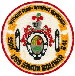 SSBN-641 USS Simon Bolivar 
Namesake. Simón Bolívar (1783–1830), a hero of South American independence movements
Awarded. 1 Nov 1962
Builder. Newport News Shipbuilding, Newport News, VA
Laid down. 17 Apr 1963
Launched. 22 Aug 1964
Commissioned. 	29 Oct 1965
Decommissioned. 8 Feb 1995
Stricken. 8 Feb 1995
Honors and awards: ; Battle Effectiveness Award (Battle "E") Fiscal Year 1974; Providence Plantation Award Fiscal Year 1974; Battle "E" Fiscal Year 1975; Battle "E" Fiscal Year 1976; Battle "E" Fiscal Year 1982
Fate. Scrapping via Ship-Submarine Recycling Program begun 1 Oct 1994; completed 1 Dec 1995
Class and type. Benjamin Franklin class nuclear-powered ballistic missile submarine
Displacement. 6,494 tons
Length. 	425 feet (130 m)
Beam. 33 feet (10 m)
Draft. 32 feet (9.8 m)
Propulsion. S5W reactor
Speed. 16 knots (30 km/h) surfaced; 21 knots (39 km/h) submerged
Test depth. 1,300 feet (400 m)
Complement. Two crews (Blue Crew and Gold Crew) of 14 officers and 126 enlisted men each
Armament:	
16 × missile tubes,
4 × 21 inches (530 mm) torpedo tubes

