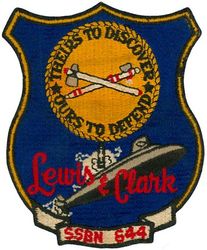 SSN-644 USS Lewis & Clark
Namesake. Meriwether Lewis (1774–1809) and William Clark (1770–1838), who carried out the Lewis and Clark Expedition (1804–06)
Awarded. 1 Nov 1962
Builder. Newport News Shipbuilding and Drydock Company
Laid down. 29 Jul 1963
Launched. 21 Nov 1964
Commissioned. 22 Dec 1965
Decommissioned. 27 Jun 1992
Stricken	. 1 Aug 1992
Fate. Scrapping via Ship and Submarine Recycling Program began 1 Oct 1995; completed 23 Sep 1996
Class and type. Benjamin Franklin class fleet ballistic missile submarine
Displacement:	
7,320 tons surfaced
8,250 tons submerged
Length. 425 ft (130 m)
Beam. 33 ft (10 m)
Draft. 33 ft (10 m)
Installed power. 15,000 shp (11,185 kW)
Propulsion. One S5W pressurized-water nuclear reactor, two geared steam turbines, one shaft
Speed. Over 20 knots
Test depth. 1,300 feet (400 m)
Complement. Two crews (Blue Crew and Gold Crew) of 14 officers and 126 enlisted men each
Armament:	
16 ballistic missile tubes with one Polaris, later Poseidon ballistic missile each
4 × 21 inches (530 mm) torpedo tubes

