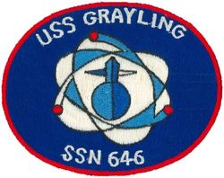 SSN-646 USS Grayling
Namesake. The grayling, a fresh water game fish closely related to the trout
Awarded. 5 Sep 1962
Builder. Portsmouth Naval Shipyard, Kittery, ME
Laid down. 12 May 1964
Launched. 22 Jun 1967
Commissioned. 	11 Oct 1969
Decommissioned. 18 Jul 1997
Stricken. 18 Jul 1997
Fate. Scrapping via Ship and Submarine Recycling Program completed 31 Mar 1998
Class and type. Sturgeon-class attack submarine
Displacement:	
3,956 long tons (4,019 t) light
4,252 long tons (4,320 t) full
296 long tons (301 t) dead
Length. 289 ft (88 m)
Beam. 32 ft (9.8 m)
Draft. 29 ft (8.8 m)
Installed power. 15,000 shp (11 MW)
Propulsion. One S5W nuclear reactor, two steam turbines, one screw
Speed. 16 knots (30 km/h; 18 mph) standard
Test depth. 1,300 ft (400 m)
Complement. 109 (14 officers, 95 enlisted men)
Armament. 4 × 21-inch (533 mm) torpedo tubes

