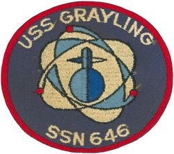 SSN-646 USS Grayling
Namesake. The grayling, a fresh water game fish closely related to the trout
Awarded. 5 Sep 1962
Builder. Portsmouth Naval Shipyard, Kittery, ME
Laid down. 12 May 1964
Launched. 22 Jun 1967
Commissioned. 	11 Oct 1969
Decommissioned. 18 Jul 1997
Stricken. 18 Jul 1997
Fate. Scrapping via Ship and Submarine Recycling Program completed 31 Mar 1998
Class and type. Sturgeon-class attack submarine
Displacement:	
3,956 long tons (4,019 t) light
4,252 long tons (4,320 t) full
296 long tons (301 t) dead
Length. 289 ft (88 m)
Beam. 32 ft (9.8 m)
Draft. 29 ft (8.8 m)
Installed power. 15,000 shp (11 MW)
Propulsion. One S5W nuclear reactor, two steam turbines, one screw
Speed. 16 knots (30 km/h; 18 mph) standard
Test depth. 1,300 ft (400 m)
Complement. 109 (14 officers, 95 enlisted men)
Armament. 4 × 21-inch (533 mm) torpedo tubes

