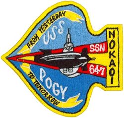 SSN-647 USS Pogy 
Namesake. The pogy, a forage fish of the genera Brevoortia and Ethmidium
Awarded. 23 March 1963
Builder. New York Shipbuilding Corporation, Camden, NJ; Ingalls Shipbuilding, Pascagoula, MS
Laid down. 5 May 1964
Launched. 3 Jun 1967
Commissioned. 15 May 1971
Decommissioned. 11 Jun 1999
Stricken. 11 Jun 1999
Homeport. Final Homeport San Diego, CA
Motto. No Ka Oi
Honors and awards. Various Unit Commendations, Expeditionary and Battle Efficiency Awards
Fate. Scrapping via Ship and Submarine Recycling Program completed 12 April 2000
Class and type. Sturgeon-class submarine
Displacement:	
3,975 long tons (4,039 t) light
4,263 long tons (4,331 t) full
288 long tons (293 t) dead
Length. 	292 ft (89 m)
Beam. 32 ft (9.8 m)
Draft. 29 ft (8.8 m)
Installed power. 15,000 shaft horsepower (11.2 megawatts)
Propulsion. One S5W nuclear reactor, two steam turbines, one screw
Speed: 15 knots (28 km/h; 17 mph) surfaced; 25 knots (46 km/h; 29 mph) submerged
Test depth. 1,300 ft (396 m)
Complement. 14 officers, 95 men
Armament. 4 × 21-inch (533 mm) torpedo tubes
Mark 48 torpedoes
UGM-84A/C Harpoon missiles
Mark 60 CAPTOR mines
Mark 61 mines
Mark 67 Submarine Launched Mobile Mines
Various small arms and grenade launchers

