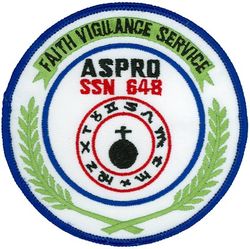 SSN-648 USS Aspro
Namesake. The aspro, a fish found abundantly in the upper Rhone River
Ordered. 26 Mar 1963
Builder. Ingalls Shipbuilding, Pascagoula, Mississippi
Laid down. 23 Nov 1964
Launched. 29 Nov 1967
Commissioned. 20 Feb 1969
Decommissioned. 31 Mar 1995
Stricken	. 31 Mar 1995
Homeport. Pearl Harbor, HI
Motto. Faith – Vigilance – Service
Honors and awards: Battle Efficiency Award (Battle E) three times 1990–1994; Meritorious Unit Commendation 1994
Fate. Scrapping via Ship and Submarine Recycling Program begun 1 Oct 1999, completed 3 Nov 2000
Class and type. Sturgeon-class attack submarine
Displacement:	
4,140 long tons (4,206 t) surfaced
4,650 long tons (4,725 t) submerged
Length. 	292 ft (89 m)
Beam. 31 ft 8 in (9.65 m)
Draft. 28 ft 8 in (8.74 m)
Installed power. 15,000 shaft horsepower (11.2 megawatts)
Propulsion. One S5W nuclear reactor, two steam turbines, one screw
Speed. 15 knots surfaced; 25 knots submerged
Test depth. 1,300 feet (400 meters)
Complement. 108
Armament:	
4 × 21-inch (533 mm) torpedo tubes
Mark 48 torpedoes
UUM-44A SUBROC missiles
Tube-launched mobile mines
Tomahawk cruise missiles
Harpoon Anti-ship missiles


