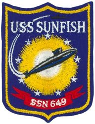 SSN-649 USS Sunfish 
Namesake. The ocean sunfish (Mola mola)
Ordered. 26 Mar 1963
Builder. General Dynamics Quincy Shipbuilding Division, Quincy, Massachusetts
Laid down. 15 Jan 1965
Launched. 14 Oct 1966
Commissioned. 15 Mar 1969
Decommissioned. 31 Mar 1997
Stricken. 31 Mar 1997
Fate. Scrapping via Ship and Submarine Recycling Program completed 31 Oct 1997
Class and type. Sturgeon-class attack submarine
Displacement:	
4,035 long tons (4,100 t) light
4,326 long tons (4,395 t) full
291 long tons (296 t) dead
Length. 	289 ft (88 m)
Beam. 32 ft (9.8 m)
Draft. 29 ft (8.8 m)
Installed power. 15,000 shaft horsepower (11.2 megawatts)
Propulsion. One S5W nuclear reactor, two steam turbines, one screw
Speed. Over 20 knots (37 km/h; 23 mph) submerged
Test depth. 1,300 feet (400 meters)
Complement. 109 (14 officers, 95 enlisted men)
Armament:	
4 × 21-inch (533 mm) torpedo tubes
UUM-44A SUBROC missiles
UGM-84A/C Harpoon missiles

