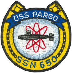 SSN-650 USS Pargo 
Namesake. The pargo, a fish of the genus Lutjanus also known as the red snapper
Ordered. 26 Mar 1963
Builder.	General Dynamics Electric Boat, Groton, Connecticut
Laid down. 3 Jun 1964
Launched. 17 Sep 1966
Commissioned. 5 Jan 1968
Decommissioned. 14 Apr 1995
Stricken. 14 Apr 1995
Motto. For Land, For Honor, For Courage
Fate. Scrapping via Ship and Submarine Recycling Program begun 1 Oct 1994, completed 15 Oct 1996
Class and type. Sturgeon-class attack submarine
Displacement. 4,600 long tons (4,674 t)
Length. 	292 ft (89 m)
Beam. 31 ft (9.4 m)
Draft. 28 ft 8 in (8.74 m)
Installed power.	15,000 shaft horsepower (11.2 megawatts)
Propulsion. One S5W nuclear reactor, two steam turbines, one screw
Speed. Over 20 knots (37 km/h; 23 mph)
Complement. 107
Armament:	
4 × 21-inch (533 mm) torpedo tubes
UUM-44A SUBROC missiles
Mark 48 torpedo
Tomahawk missile

