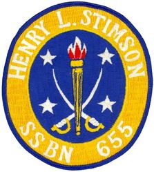 SSBN-655 USS Henry L Stimson 
Namesake. Henry L. Stimson (1867–1950), U.S. Secretary of State (1929–1933) and U.S. Secretary of War (1911–1913, 1940–1945)
Awarded. 29 Jul 1963
Builder.  General Dynamics Electric Boat, Groton, Connecticut
Laid down. 4 Apr 1964
Launched. 13 Nov 1965
Commissioned. 	20 Aug 1966
Decommissioned. 5 May 1993
Stricken	. 5 May 1993
Fate. Scrapping via Ship and Submarine Recycling Program completed 12 Aug 1994
Class and type. Benjamin Franklin class nuclear-powered fleet ballistic missile submarine
Displacement:	
7,250 tons surfaced
8,250 tons submerged
Length. 	425 feet (130 m)
Beam. 33 feet (10 m)
Draft. 31.5 feet (9.6 m)
Installed power. 15,000 shp (11,185 kW)
Propulsion. One S5W pressurized-water nuclear reactor, two geared steam turbines, one shaft
Speed. 16–20 knots surfaced, 22–25 knots submerged
Test depth. 1,300 feet (400 m)
Complement. Two crews (Blue Crew and Gold Crew) of 13 officers and 130 enlisted men each
Armament:	
16 × ballistic missile tubes with one Polaris, later Poseidon, later Trident I ballistic missile each
4 × 21-inch (533 mm) torpedo tubes


