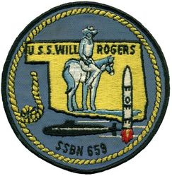 SSBN-659 USS Will Rogers
Namesake. Will Rogers (1879–1935), an American humorist
Awarded. 29 Jul 1963
Builder. General Dynamics Electric Boat, Groton, Connecticut
Laid down. 20 Mar 1965
Launched. 21 Jul 1966
Commissioned. 1 Apr 1967
Decommissioned. 12 Apr 1993
Stricken	. 12 Apr 1993
Fate. Scrapping via Ship and Submarine Recycling Program begun 2 Nov 1993, completed 12 Aug 1994
Class and type. Benjamin Franklin-class nuclear-powered fleet ballistic missile submarine
Displacement:	
7,320 tons surfaced
8,220 tons submerged
Length. 	425 ft (130 m)
Beam. 33 ft (10 m)
Draft. 31 ft 4 in (9.55 m)
Installed power. 15,000 shp (11,185 kW)
Propulsion. One S5W pressurized-water nuclear reactor, later replaced by one S3G reactor; two geared steam turbines; one shaft
Speed:
16 knots (30 km/h; 18 mph) surfaced
Over 20 knots (37 km/h; 23 mph) submerged
Test depth. greater than 400 ft (120 m) (classified)
Complement. Two crews (Blue Crew and Gold crew) of 140 each
Armament:	
16 × ballistic missile tubes, each with one Polaris, later Poseidon
4 × 21 in (530 mm) torpedo tubes

