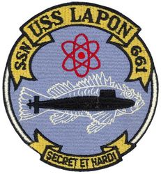 SSN-661 USS Lapon
Namesake. The lapon, a scorpionfish of the Pacific coast of North America
Ordered. 24 Oct 1963
Awarded. Navy Expeditionary Medal (Sub Specop) 1969
Builder. Newport News Shipbuilding and Dry Dock Company, Newport News, Virginia
Laid down. 26 Jul 1965
Launched. 16 Dec 1966
Commissioned. 14 Dec 1967
Decommissioned. 8 Aug 1992
Stricken. 8 Aug 1992
Motto. Secret et Hardi ("Silent and Strong")
Honors and awards: Meritorious Unit Commendation 1968; Meritorious Unit Commendation 1969; Presidential Unit Citation 1969; Navy Expeditionary Medal (Sub Specop); Submarine Division 62 Battle Efficiency Award (Battle "E") 1969; Marjorie Sterrett Battleship Fund Award for Operational Proficiency for the U.S. Atlantic Fleet 1970; Submarine Division 63 Battle "E" 1970; Navy Unit Commendation 1973; Meritorious Unit Commendation 1979; Submarine Squadron 6 Anti-submarine warfare; (ASW)/Operations "A" 1979; Submarine Squadron 6 Engineering "E" 1979; Meritorious Unit Commendation 1982; Submarine Squadron 6 ASW/Operations "A" 1982; Meritorious Unit Commendation 1983; Navy Battle "E" 1983; Meritorious Unit Commendation 1985; Navy Battle "E" 1985; Arctic Expedition Ribbon (Ice Exercise (ICEX) 88) 1988; Navy Battle "E" 1991
Fate. Scrapping via Ship and Submarine Recycling Program begun 1 March 2003, completed 31 August 2004
Class and type. Sturgeon-class attack submarine
Displacement:	
Surfaced : 4250 tons
Submerged : 4700 tons
Length. 292 ft (89 m)
Beam. 31.7 ft 8 in (9.87 m)
Draft. 29.2 ft 8 in (9.10 m)
Installed power. 15,000 shaft horsepower (11.2 megawatts)
Propulsion. One S5W2 nuclear reactor, two steam turbines, one screw
Speed:	
Surfaced: 15 knots
Submerged: 30 knots
Test depth. 1,300 feet (396 meters)
Complement. 107
Armament:	
4 × 21-inch (533 mm) torpedo tubes
Mark 48 ADCAP torpedoes

