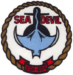 SSN-664 USS Sea Devil
Namesake. The sea devil (Manta birostria), also known as the manta ray and devil ray
Ordered. 28 May 1964
Builder. Newport News Shipbuilding and Dry Dock Company, Newport News, Virginia
Laid down. 12 Apr 1966
Launched. 5 Oct 1967
Commissioned. 30 Jan 1969
Decommissioned. 16 Oct 1991
Stricken	. 6 Oct 1991
Fate. Scrapping via Ship and Submarine Recycling Program begun 1 Mar 1998, completed 7 Sep 1999
Class and type. Sturgeon-class attack submarine
Displacement:	
3,860 long tons (3,922 t) light
4,268 long tons (4,336 t) full
408 long tons (415 t) dead
Length. 292 ft 3 in (89.08 m)
Beam. 31 ft 8 in (9.65 m)
Draft. 28 ft 8 in (8.74 m)
Installed power. 15,000 shaft horsepower (11.2 megawatts)
Propulsion. One S5W nuclear reactor, two steam turbines, one screw
Speed:	
15 knots (28 km/h; 17 mph) surfaced
25 knots (46 km/h; 29 mph) submerged
Test depth. 1,300 feet (400 meters)
Complement. 108
Armament. 4 × 21-inch (533 mm) torpedo tubes

