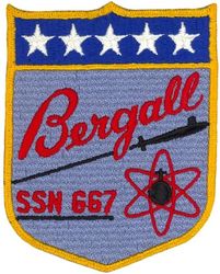 SSN-667 USS Bergall
Namesake. The bergall, a small fish found along the Atlantic coast of North America
Ordered. 9 Mar 1965
Builder. General Dynamics Electric Boat
Laid down. 16 Apr 1966
Launched. 17 Feb 1968
Commissioned. 13 Jun 1969
Decommissioned. 6 Jun 1996
Stricken. 6 Jun 1997
Motto. Invisible, Invulnerable, Invincible
Fate. Scrapping via Ship and Submarine Recycling Program completed 29 September 1997
Class and type. Sturgeon-class attack submarine
Displacement:	
4,007 long tons (4,071 t) light
4,301 long tons (4,370 t) full
294 long tons (299 t) dead
Length. 292 ft 3 in (89.08 m)
Beam. 31 ft 8 in (9.65 m)
Draft. 28 ft 8 in (8.74 m)
Installed power. 15,000 shaft horsepower (11.2 megawatts)
Propulsion. One S5W nuclear reactor, two steam turbines, one screw
Speed:	
15 knots (28 km/h; 17 mph) surfaced
25 knots (46 km/h; 29 mph) submerged
Test depth. 1,300 feet (400 meters)
Complement. 109 (14 officers, 95 enlisted men)
Armament. 4 × 21-inch (533 mm) torpedo tubes

