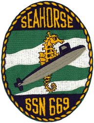 SSN-669 USS Seahorse  
Namesake. The seahorse
Ordered. 9 March 1965
Builder. General Dynamics Electric Boat, Groton, Connecticut
Laid down. 13 Aug 1966
Launched. 15 Jun 1968
Commissioned. 19 Sep 1969
Decommissioned. 17 Aug 1995
Stricken. 17 Aug 1995
Motto. Thoroughbred of the Fleet
Fate. Scrapping via Ship and Submarine Recycling Program begun 1 Mar 1995, completed 30 Sep 1996
Class and type. Sturgeon-class attack submarine
Displacement:	
4,027 long tons (4,092 t) light
4,322 long tons (4,391 t) full
295 long tons (300 t) dead
Length. 292 ft (89 m)
Beam. 32 ft (9.8 m)
Draft. 29 ft (8.8 m)
Installed power. 15,000 shaft horsepower (11.2 megawatts)
Propulsion. One S5W nuclear reactor, two steam turbines, one screw
Speed:	
15 knots (28 km/h; 17 mph) surfaced
25 knots (46 km/h; 29 mph) submerged
Test depth. 1,300 feet (396 meters)
Complement. 108 (13 officers, 95 enlisted men)
Armament. 4 × 21-inch (533 mm) torpedo tubes

