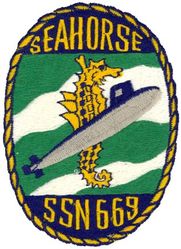 SSN-669 USS Seahorse  
Namesake. The seahorse
Ordered. 9 March 1965
Builder. General Dynamics Electric Boat, Groton, Connecticut
Laid down. 13 Aug 1966
Launched. 15 Jun 1968
Commissioned. 19 Sep 1969
Decommissioned. 17 Aug 1995
Stricken. 17 Aug 1995
Motto. Thoroughbred of the Fleet
Fate. Scrapping via Ship and Submarine Recycling Program begun 1 Mar 1995, completed 30 Sep 1996
Class and type. Sturgeon-class attack submarine
Displacement:	
4,027 long tons (4,092 t) light
4,322 long tons (4,391 t) full
295 long tons (300 t) dead
Length. 292 ft (89 m)
Beam. 32 ft (9.8 m)
Draft. 29 ft (8.8 m)
Installed power. 15,000 shaft horsepower (11.2 megawatts)
Propulsion. One S5W nuclear reactor, two steam turbines, one screw
Speed:	
15 knots (28 km/h; 17 mph) surfaced
25 knots (46 km/h; 29 mph) submerged
Test depth. 1,300 feet (396 meters)
Complement. 108 (13 officers, 95 enlisted men)
Armament. 4 × 21-inch (533 mm) torpedo tubes

