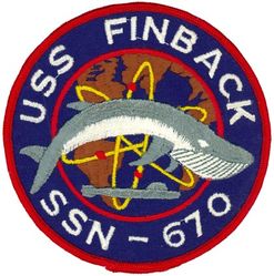 SSN-670 USS Finback
Namesake. The finback, a whale
Ordered. 9 Mar 1965
Builder.	Newport News Shipbuilding and Dry Dock Company, Newport News, Virginia
Laid down. 26 Jun 1967
Launched. 7 Dec 1968
Commissioned. 4 Feb 1970
Decommissioned. 28 Mar 1997
Stricken. 28 Mar 1997
Motto. All Good Men
Honors and awards. Marjorie Sterrett Battleship Fund Award for U.S. Atlantic Fleet 1986
Fate. Scrapping via Ship and Submarine Recycling Program completed 30 October 1997
Class and type. Sturgeon-class attack submarine
Displacement:	
4,001 long tons (4,065 t) light
4,292 long tons (4,361 t) full
291 long tons (296 t) dead
Length. 292 ft (89 m)
Beam. 32 ft (9.8 m)
Draft. 29 ft (8.8 m)
Installed power.	15,000 shaft horsepower (11.2 megawatts)
Propulsion. One S5W nuclear reactor, two steam turbines, one screw
Speed:	
15 knots (28 km/h; 17 mph) surfaced
25 knots (46 km/h; 29 mph) submerged
Test depth. 1,300 feet (396 meters)
Complement. 109 (14 officers, 95 enlisted men)
Armament. 4 × 21-inch (533 mm) torpedo tubes

