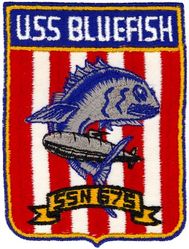 SSN-675 USS Bluefish MEDITERRANEAN CRUISE 1979
Namesake. The bluefish
Ordered. 15 Jul 1966
Builder	General Dynamics Electric Boat, Groton, Connecticut
Laid down. 13 Mar 1968
Launched. 10 Jan 1970
Commissioned. 8 Jan 1971
Decommissioned. 31 May 1996
Stricken	. 31 May 1996
Motto. Blue Thunder from Down Under!
Fate. Scrapping via Ship and Submarine Recycling Program completed 1 Nov 2003
Class and type. Sturgeon-class attack submarine
Displacement:	
3,978 long tons (4,042 t) light
4,270 long tons (4,339 t) full
292 long tons (297 t) dead
Length. 292 ft 3 in (89.08 m)
Beam. 31 ft 8 in (9.65 m)
Draft. 28 ft 8 in (8.74 m)
Installed power.	15,000 shaft horsepower (11.2 megawatts)
Propulsion. One S5W nuclear reactor, two steam turbines, one screw
Speed:	
15 knots (28 km/h; 17 mph) surfaced
25 knots (46 km/h; 29 mph) submerged
Test depth. 1,300 feet (396 meters)
Complement. 109 (14 officers, 95 enlisted men)
Armament:	
4 × 21-inch (533 mm) torpedo tubes amidships aft of bow
Mark 48 torpedoes
UUM-44A SUBROC missiles
UGM-84A/C Harpoon missiles
Mark 57 deep-water mines
Mark 60 CAPTOR mines

