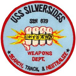 SSN-679 USS Silversides Weapons
Namesake. The silverside, an order of ray-finned 
Ordered. 25 Jun 1968
Builder	Electric Boat Division of General Dynamics Corporation, Groton, Connecticut
Laid down. 13 Oct 1969
Launched. 4 Jun 1971
Commissioned. 5 May 1972
Decommissioned. 21 Jul 1994
Stricken. 21 Jul 1994
Motto. Veni Vidi Vici ("I Came, I Saw, I Conquered")
Fate. Scrapping via Ship and Submarine Recycling Program begun 1 Oct 2000, completed 1 Oct 2001
Class and type. Sturgeon-class attack submarine
Displacement:	
3,978 long tons (4,042 t) light
4,270 long tons (4,339 t) full
292 long tons (297 t) dead
Length. 302 ft 3 in (92.13 m)
Beam. 31 ft 8 in (9.65 m)
Draft. 28 ft 8 in (8.74 m)
Installed power. 15,000 shaft horsepower (11.2 megawatts)
Propulsion. One S5W nuclear reactor, two steam turbines, one screw
Speed:	
15 knots (28 km/h; 17 mph) surfaced
25 knots (46 km/h; 29 mph) submerged
Test depth. 1,300 feet (396 meters)
Complement. 109 (14 officers, 95 enlisted men)
Armament. 4 × 21-inch (533 mm) torpedo tubes

