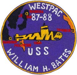 SSN-680 William H Bates WESTERN PACIFIC CRUISE 1987-1988
Namesake. William H. Bates (1917–1969), U.S. Representative from Massachusetts
Ordered. 25 Jun 1968
Builder. Ingalls Shipbuilding, Pascagoula, Mississippi General Dynamics Electric Boat
Laid down. 4 Aug 1969
Launched. 11 Dec 1971
Commissioned. 5 May 1973
Decommissioned. 11 Feb 2000
Stricken. 11 Feb 2000
Motto. A Spirit Unquell'd
Fate. Scrapping via Ship and Submarine Recycling Program begun 1 Oct 2002, completed 30 Oct 2002
Class and type. Sturgeon-class attack submarine
Displacement:	
3,978 long tons (4,042 t) light
4,270 long tons (4,339 t) full
292 long tons (297 t) dead
Length. 302 ft 3 in (92.13 m)
Beam. 31 ft 8 in (9.65 m)
Draft. 28 ft 8 in (8.74 m)
Installed power	15,000 shaft horsepower (11.2 megawatts)
Propulsion. One S5W nuclear reactor, two steam turbines, one screw
Speed:	
15 knots (28 km/h; 17 mph) surfaced
25 knots (46 km/h; 29 mph) submerged
Test depth. 1,300 feet (400 meters)
Complement. 126 (14 officers, 112 enlisted men)
Armament. 4 × 21-inch (533 mm) torpedo tubes

