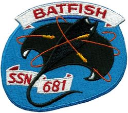 SSN-681 USS Batfish
Namesake. The batfish, the name of any of several fishes
Ordered. 25 Jun 1968
Builder.	General Dynamics Electric Boat
Laid down. 9 Feb 1970
Launched. 9 Oct 1971
Commissioned. 1 Sep 1972
Decommissioned. 17 Mar 1999
Stricken	. 17 Mar 1999
Fate. Scrapping via Ship and Submarine Recycling Program completed 22 Nov 2002
Class and type. Sturgeon-class submarine
Displacement:	
3,640 long tons (3,698 t) surfaced
4,650 long tons (4,725 t) submerged
Length. 302 ft 2 in (92.10 m)
Beam. 31 ft 8 in (9.65 m)
Draft. 28 ft 6 in (8.69 m)
Installed power.	15,000 shaft horsepower (11.2 megawatts)
Propulsion. One S5W nuclear reactor with S3G3 modified core, two steam turbines, one screw
Speed:	
20 knots (37 km/h; 23 mph) surfaced
30 knots (56 km/h; 35 mph) submerged
Test depth. 1,300 feet (400 meters)
Complement. 112 (14 officers, 98 enlisted men)
Armament. 4 × 21-inch (533 mm) torpedo tubes

