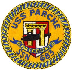 SSN-683 USS Parche 
Namesake. The parche, a type of butterfly fish
Ordered. 25 Jun 1968
Builder. Ingalls Shipbuilding, Pascagoula, MS
Laid down. 10 Dec 1970
Launched. 13 Jan 1973
Commissioned. 17 Aug 1974
Decommissioned. 19 Oct 2004
Stricken. 18 Jul 2005
Motto. Par Excellence
Honors and awards:	
9 Presidential Unit Citations
10 Navy Unit Commendations
13 Navy Expeditionary Medals
Fate. Scrapping via Ship and Submarine Recycling Program completed 30 Nov 2006
Class and type. Sturgeon-class attack submarine
Displacement:	
As built:
3,978 long tons (4,042 t) light
4,270 long tons (4,339 t) full
292 long tons (297 t) dead
Length:
As built: 302 ft 3 in (92.13 m)
After 1987–1991 lengthening: 401 ft (122 m)
Beam. 31 ft 8 in (9.65 m)
Draft. 28 ft 8 in (8.74 m)
Installed power.	15,000 shaft horsepower (11.2 megawatts)
Propulsion. One S5W nuclear reactor, two steam turbines, one screw
Speed:	
15 knots (28 km/h; 17 mph) surfaced
25 knots (46 km/h; 29 mph) submerged
Test depth. 1,300 feet (396 meters)
Complement:	
As built: 112 (14 officers, 98 enlisted men)
After 1987–1991 modifications: 179 (22 officers, 157 enlisted men)
Armament. 4 × 21-inch (533 mm) torpedo tubes

