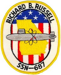 SSN-687 USS Richard B. Russell 
Namesake. Richard B. Russell, Jr.
Awarded. 25 Jul 1969
Builder.	Newport News Shipbuilding and Dry Dock Company, Newport News, Virginia
Laid down. 19 Oct 1971
Launched. 12 Jan 1974
Commissioned. 16 Aug 1975
Decommissioned. 24 Jun 1994
Stricken	. 24 Jun 1994
Motto. "They Saved The Best For Last"
Honors and awards: Presidential Unit Citation 1990–91; 6 Navy Unit Commendations; Meritorious Unit Commendation 1981; 7 Battle Effectiveness Awards
Fate. Scrapping via Ship and Submarine Recycling Program begun 1 October 2001
Class and type. Sturgeon-class attack submarine
Displacement:	
3,978 long tons (4,042 t) light
4,270 long tons (4,339 t) full
292 long tons (297 t) dead
Length. 302 ft 3 in (92.13 m)
Beam. 31 ft 8 in (9.65 m)
Draft. 28 ft 8 in (8.74 m)
Installed power.	15,000 shp (11,000 kW)
Propulsion. One S5W nuclear reactor, two steam turbines, one screw
Speed:
15 knots (28 km/h; 17 mph) surfaced
25 knots (46 km/h; 29 mph) submerged
Test depth. 1,300 ft (400 m)
Complement. 126 (14 officers, 112 enlisted)
Armament:	
4 × 21 in (533 mm) torpedo tubes
UUM-44A SUBROC missiles

