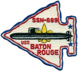SSN-689 USS Baton Rouge 
Namesake. Baton Rouge, LA
Awarded. 8 Jan 1971
Builder.	Newport News Shipbuilding
Laid down. 18 Nov 1972
Launched. 26 Apr 1975
Commissioned. 25 Jun 1977
Decommissioned. 13 Jan 1995
Stricken	. 13 Jan 1995
Fate. Submarine recycling
Class and type. Los Angeles-class submarine
Displacement:	
5,723 tons (surfaced)
6,927 tons (submerged)
Length. 110.3 m (361 ft 11 in)
Beam. 10 m (32 ft 10 in)
Draft. 9.4 m (30 ft 10 in)
Propulsion. S6G nuclear reactor, 2 turbines, 35,000 hp (26 MW), 1 auxiliary motor 325 hp (242 kW), 1 shaft
Speed:	
15 knots (28 km/h) surfaced
33 knots (61 km/h) submerged 35 knots
Test depth. 290 m (950 ft)
Complement. 12 officers; 98 enlisted
Armament:	
4 × 21 in (533 mm) bow tubes
Mark 48 torpedo
Harpoon missiles
Tomahawk cruise missile

