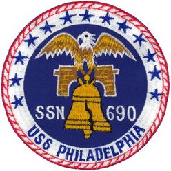 SSN-690 USS Philadelphia
Namesake. Philadelphia, PA
Awarded. 8 Jan 1971
Builder. General Dynamics Corporation
Laid down. 12 Aug 1972
Launched. 19 Oct 1974
Commissioned. 25 Jun 1977
Decommissioned. 25 Jun 2010
Stricken. 25 Jun 2010
Homeport. Groton, CT
Motto. "Philly Delivers" "Whatever It Takes" "Finish Strong"
Honors and awards: Navy Unit Commendation; 6 × Meritorious Unit Commendations; Navy E Ribbon; 4 × Navy Expeditionary Medals; 2 × National Defense Service Medals; Southwest Asia Service Medal
Status. Stricken, to be disposed of by submarine recycling
Class and type. Los Angeles-class submarine
Displacement:
5,705 tons light
6,075 tons full
370 tons dead
Length. 110.3 m (361 ft 11 in)
Beam. 10 m (32 ft 10 in)
Draft. 9.7 m (31 ft 10 in)
Propulsion. S6G nuclear reactor, 2 turbines, 35,000 hp (26 MW), 1 auxiliary motor 325 hp (242 kW), 1 shaft
Speed:
15 knots (28 km/h) surfaced
32 knots (59 km/h) submerged
Test depth. 290 m (950 ft)
Complement. 12 Officers; 98 Enlisted
Armament:
4 × 21 in (533 mm) bow tubes
BGM-109 Tomahawk
Mark 48 torpedo

