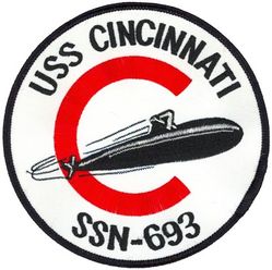 SSN-693 USS Cincinnati 
Namesake. Cincinnati, OH
Awarded. 4 Feb 1971
Builder.	Newport News Shipbuilding
Laid down. 6 Apr 1974
Launched. 19 Feb 1977
Commissioned. 11 Mar 1978
Decommissioned. 29 Jul 1996
Stricken	. 29 Jul 1996
Fate. Disposed of by submarine recycling
Class and type. Los Angeles-class submarine
Displacement:	
5,767 long tons (5,860 t) light
6,151 long tons (6,250 t) full
384 tons dead
Length. 110.3 m (361 ft 11 in)
Beam. 10 m (32 ft 10 in)
Draft. 9.4 m (30 ft 10 in)
Propulsion:	
S6G nuclear reactor, 2 turbines, 35,000 hp (26,000 kW)
1 auxiliary motor 325 hp (242 kW), 1 shaft
Speed:	
15 knots (28 km/h) surfaced
32 knots (59 km/h) submerged
Test depth. 290 m (950 ft)
Complement. 12 officers; 98 enlisted
Armament. 4 × 21 in (533 mm) bow torpedo tubes

