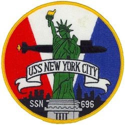 SSN-696 USS New York City
Name. USS New York City (SSN-696)
Namesake. City of New York
Awarded. 24 Jan 1972
Builder. General Dynamics Corporation
Laid down. 15 Dec 1973
Launched. 18 Jun 1977
Commissioned. 3 Mar 1979
Decommissioned. 30 Apr 1997
Stricken. 30 Apr 1997
Fate. To be disposed of by submarine recycling
Class and type. Los Angeles-class submarine
Displacement:
5,731 tons light
6,111 tons full
380 tons dead
Length. 110.3 m (361 ft 11 in)
Beam. 10 m (32 ft 10 in)
Draft. 9.7 m (31 ft 10 in)
Propulsion. S6G nuclear reactor, 2 turbines, 35,000 hp (26,000 kW), 1 auxiliary motor 325 hp (242 kW), 1 shaft
Speed. 15 knots (28 km/h) surfaced; 32 knots (59 km/h) submerged
Test depth. 290 m (950 ft)
Complement. 12 officers, 98 men
Armament:
4 × 21 inch (533 mm) torpedo tubes
UGM-84 Harpoon
Tomahawk missiles
Mark 48 torpedoes

