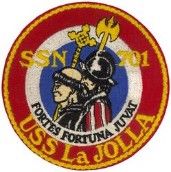 SSN-701 USS La Jolla 
Namesake. The Community of La Jolla, CA
Ordered. 10 Dec 1973
Builder. General Dynamics Electric Boat
Laid down. 16 Oct 1976
Launched. 11 Aug 1979
Commissioned. 24 Oct 1981
Decommissioned. 15 Nov 2019
Out of service. 3 Feb 2015
Homeport. Goose Creek, SC
Motto. Latin: Fortes Fortuna Juvat ("Fortune Favors the Brave")
Status. Currently a moored training ship at the Charleston Nuclear Power Training Unit
Class and type. 	Los Angeles-class attack submarine
Displacement. 5774 tons light, 6141 tons full, 367 tons dead
Length. 362 ft (110 m)
Beam. 33 ft (10 m)
Draft. 32 ft (9.8 m)
Propulsion. 1 × S6G reactor, single screw
Complement, 12 officers, 98 men

