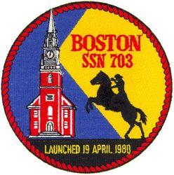 SSN-703 USS Boston 
Namesake. Boston, Massachusetts
Awarded. 10 Dec 1973
Builder.	General Dynamics Corporation
Laid down. 11 Aug 1978
Launched. 19 Apr 1980
Commissioned.	30 Jan 1982
Decommissioned. 19 Nov 1999
Stricken	. 19 Nov 1999
Motto. Freedom's Birthplace
Fate. Scrapped with only the sail on display at Buffalo and Erie County Naval & Military Park
Class and type. Los Angeles-class submarine
Displacement. 5,779 tons light, 6,150 tons full, 371 tons dead
Length. 110.3 m (361 ft 11 in)
Beam. 10 m (32 ft 10 in)
Draft. 9.7 m (31 ft 10 in)
Propulsion. S6G nuclear reactor
Complement. 12 officers, 98 men
Armament:	
4 × 21 in (533 mm) torpedo tubes
MK.48 ADCAP torpedoes
Tomahawk Land Attack cruise missile (TLAM)
MK60 mines
MK67 SLMM mines

