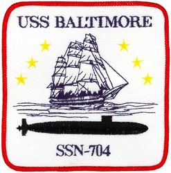 SSN-704 USS Baltimore 
Name. USS Baltimore (SSN-704)
Awarded. 31 October 1973
Builder. General Dynamics Corporation
Laid down. 21 May 1979
Launched. 13 December 1980
Commissioned. 24 Jul 1982
Decommissioned. 10 Jul 1998
Stricken. 10 Jul 1998
Motto. From Sails to Atoms
Fate. To be disposed of by submarine recycling
Class and type. Los Angeles-class submarine
Tonnage. 6900
Displacement. 5,714 tons light, 6,087 tons full, 373 tons dead
Length. 110.3 m (361 ft 11 in)
Beam. 10 m (32 ft 10 in)
Draft. 9.7 m (31 ft 10 in)
Depth. over 800 ft (240 m)
Decks. 3
Installed power	Nuclear (Light Water Reactor)
Propulsion. S6G nuclear reactor
Speed. over 25 knots (46 km/h)
Complement. 12 officers and 98 enlisted
Sensors and processing systems. BQQ 5D
Armament. 4 × 21 in (533 mm) torpedo tubes

