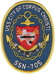 SSN-705 USS City of Corpus Christi 
Namesake. Corpus Christi, TX
Ordered. 31 Oct 1973
Builder. General Dynamics Electric Boat
Laid down. 4 Sep 1979
Launched. 25 Apr 1981
Commissioned. 8 Jan 1983
Decommissioned. 3 Aug 2017
Stricken	. 3 Aug 2017
Motto. For God and Country
Status. Stricken, to be disposed of by submarine recycling.
Class and type. Los Angeles-class attack submarine
Displacement:	
5,763 long tons (5,855 t) surfaced
6,130 long tons (6,228 t) submerged
6,136,730 long tons (6,235,206 t) dead
Length. 362 ft (110.3 m)
Beam. 33 ft (10 m)
Draft. 32 ft (9.8 m)
Propulsion. S6G reactor
Complement. 12 officers, 98 men
Sensors and processing systems	BQQ-5 passive sonar, BQS-15 detecting and ranging sonar, WLR-8 fire control radar receiver, WLR-9 acoustic receiver for detection of active search sonar and acoustic homing torpedoes, BRD-7 radio direction finder
Armament: 
4 × 21 in (533 mm) bow tubes, 10 Mk48 ADCAP torpedo reloads
Tomahawk land attack missile block 3 SLCM range 1,700 nautical miles (3,100 km)
Harpoon anti–surface ship missile range 70 nautical miles (130 km)
mine laying Mk67 mobile Mk60 captor mines

