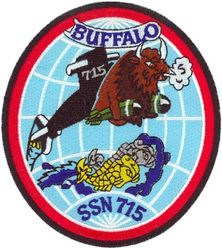 SSN-715 USS Buffalo 
Namesake. Buffalo, New York
Builder.	Newport News Shipbuilding
Laid down. 25 Jan 1980
Launched. 8 May 1982
Acquired. 27 Oct 1983
Commissioned. 5 Nov 1983
Decommissioned. 30 Jan 2019
Out of service. 30 Sep 2017
Stricken	. 30 Jan 2019
Homeport. Puget Sound Naval Shipyard, Bremerton, Washington
Nickname. Silent Thunder
Status. Pending disposal
Class and type. Los Angeles-class submarine
Type. Nuclear attack submarine
Displacement. 5771 tons light, 6142 tons full, 371 tons dead
Length.	362 ft (110 m)
Beam. 33 ft (10 m)
Draft. 31 ft (9.4 m)
Propulsion. 1 GE 165 MW S6G PWR nuclear reactor,[3] 2 turbines 35,000 hp (26 MW), 1 auxiliary motor 325 hp (242 kW), 1 shaft
Speed:
Surfaced. 20 knots (23 mph; 37 km/h)
Submerged.  20 knots (23 mph; 37 km/h) (official)[4]
Range. Unlimited
Endurance. 90 days
Test depth. 800 ft (240 m)
Complement. 12 officers, 98 men
Armament. 4 × 21 in (533 mm) torpedo tubes

