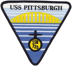 SSN-720  USS Pittsburgh 

Namesake. The City of Pittsburgh, Pennsylvania
Awarded. 16 Apr 1979
Builder. General Dynamics Electric Boat
Laid down. 15 Apr 1983
Launched. 8 Dec 1984
Commissioned. 23 Nov 1985
Decommissioned. 15 Apr 2020
Out of service. 6 Aug 2019
Homeport. Groton, Connecticut
Motto. Heart of Steel
Status. Decommissioned
Class and type. Los Angeles-class submarine
Displacement:	
5,802 long tons (5,895 t) light
6,193 long tons (6,292 t) full
391 long tons (397 t) dead
Length. 110.3 m (361 ft 11 in)
Beam. 10 m (32 ft 10 in)
Draft. 9.4 m (30 ft 10 in)
Propulsion:	
1 × S6G PWR nuclear reactor with D2W core (165 MW), HEU 93.5%)
2 × steam turbines (33,500) shp
1 × shaft
1 × secondary propulsion motor 325 hp (242 kW)
Speed:
Surfaced. 20 knots (23 mph; 37 km/h)
Submerged. +20 knots (23 mph; 37 km/h) (official)
Complement. 12 officers, 98 men
Sensors and processing systems. BQQ-5 passive sonar, BQS-15 detecting and ranging sonar, WLR-8 fire control radar receiver, WLR-9 acoustic receiver for detection of active search sonar and acoustic homing torpedoes, BRD-7 radio direction finder
Armament. 4 × 21 in (533 mm) bow tubes, 10 Mk48 ADCAP torpedo reloads, Tomahawk land attack missile block 3 SLCM range 1,700 nautical miles (3,100 km), Harpoon anti–surface ship missile range 70 nautical miles (130 km), mine laying Mk67 mobile Mk60 captor mines

