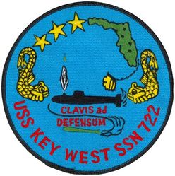 SSN-722 USS Key West 
Namesake. City of Key West, FL
Builder. Newport News Shipbuilding
Laid down. 6 Jul 1983
Launched. 20 Jul 1985
Commissioned.	12 Sep 1987
Out of service. 21 Sep 2023
Homeport. Naval Base Kitsap-Bremerton, WA
Status. In Commission, in Reserve (Stand Down), commencement of inactivation availability
Class and type. Los Angeles-class submarine
Displacement. 5,799 tons light, 6,206 tons full, 407 tons dead
Length. 	110.3 m (361.9 ft)
Beam. 10 m (32.8 ft)
Draft. 9.4 m (30.8 ft)
Propulsion:	
1 × S6G PWR nuclear reactor with D2W core (165 MW), HEU 93.5%
2 × steam turbines (33,500) shp
1 × shaft
1 × secondary propulsion motor 325 hp (242 kW)
Speed:	
Surfaced. 20 knots (23 mph; 37 km/h)
Submerged.  In excess of 25 knots (29 mph; 46 km/h) (official)
Test depth. In excess of 800 ft (243.8 m)
Complement. 16 officers, 127 enlisted
Sensors and processing systems. BQQ-10 ARCI passive sonar, BQS-15 high frequency active sonar, WLR-8 fire control radar receiver, WLR-9 acoustic receiver for detection of active search sonar and acoustic homing torpedoes, BRD-7 radio direction finder
Armament. 4 × 21 in (533 mm) midships torpedo tubes, 12 x bow vertical launch tubes (for BGM-109 Tomahawks), up to 25 horizontal reloads (combination of Mk48 ADCAP torpedo or Tomahawk land attack missile block 3 SLCM range 1,700 nautical miles (3,100 km)), mine laying Mk67 mobile Mk60 captor mines

