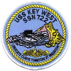 SSN-722 USS Key West
Namesake. City of Key West, FL
Builder. Newport News Shipbuilding
Laid down. 6 Jul 1983
Launched. 20 Jul 1985
Commissioned. 12 Sep 1987
Out of service. 21 Sep 2023
Homeport. Naval Base Kitsap-Bremerton, WA
Status. In Commission, in Reserve (Stand Down), commencement of inactivation availability
Class and type. Los Angeles-class submarine
Displacement. 5,799 tons light, 6,206 tons full, 407 tons dead
Length. 110.3 m (361.9 ft)
Beam. 10 m (32.8 ft)
Draft. 9.4 m (30.8 ft)
Propulsion:
1 × S6G PWR nuclear reactor with D2W core (165 MW), HEU 93.5%
2 × steam turbines (33,500) shp
1 × shaft
1 × secondary propulsion motor 325 hp (242 kW)
Speed:
Surfaced. 20 knots (23 mph; 37 km/h)
Submerged. In excess of 25 knots (29 mph; 46 km/h) (official)
Test depth. In excess of 800 ft (243.8 m)
Complement. 16 officers, 127 enlisted
Sensors and processing systems. BQQ-10 ARCI passive sonar, BQS-15 high frequency active sonar, WLR-8 fire control radar receiver, WLR-9 acoustic receiver for detection of active search sonar and acoustic homing torpedoes, BRD-7 radio direction finder
Armament. 4 × 21 in (533 mm) midships torpedo tubes, 12 x bow vertical launch tubes (for BGM-109 Tomahawks), up to 25 horizontal reloads (combination of Mk48 ADCAP torpedo or Tomahawk land attack missile block 3 SLCM range 1,700 nautical miles (3,100 km)), mine laying Mk67 mobile Mk60 captor mines
