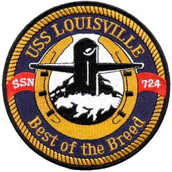 SSN-724 USS Louisville 
Namesake. The City of Louisville, KY
Awarded. 11 Feb 1982
Builder. General Dynamics Electric Boat
Laid down. 24 Sep 1984
Launched. 14 Dec 1985
Commissioned. 8 Nov 1986
Decommissioned. 9 Mar 2021
Out of service. 6 Aug 2020
Stricken	. 9 Mar 2021
Homeport. Naval Station Bremerton, WA
Motto. Best of the Breed
Status. Stricken, to be disposed of by submarine recycling
Class and type. Los Angeles-class submarine
Displacement:
5,781 long tons (5,874 t) light
6,184 long tons (6,283 t) full
403 long tons (409 t) dead
Length. 110.3 m (361 ft 11 in)
Beam. 10 m (32 ft 10 in)
Draft. 9.4 m (30 ft 10 in)
Propulsion:	
1 × S6G PWR nuclear reactor with D2W core (165 MW), HEU 93.5%[1][2]
2 × steam turbines (33,500) shp
1 × shaft
1 × secondary propulsion motor 325 hp (242 kW)
Speed. Surfaced:20 knots (23 mph; 37 km/h); Submerged: +20 knots (23 mph; 37 km/h) (official)
Complement. 12 officers; 98 enlisted
Sensors and processing systems. BQQ-10 passive sonar, BQS-15 detecting and ranging sonar, BYG-1 fire control, BLQ-10 radio and ESM, BPS-15H radar
Armament: 
4 × 21 in (533 mm) bow tubes, 10 Mk48 ADCAP torpedo reloads
Tomahawk land attack missile block 3 SLCM range 1,700 nautical miles (3,100 km)
Harpoon anti–surface ship missile range 70 nautical miles (130 km)
mine laying Mk67 mobile Mk60 captor mines

