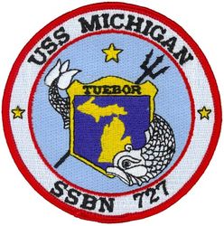 SSBN-727 USS Michigan

Namesake. US state of Michigan
Ordered. 28 Feb 1975
Builder.	General Dynamics Electric Boat
Laid down. 4 Apr 1977
Launched. 26 Apr 1980
Commissioned. 11 Sep 1982
Homeport. Naval Base Kitsap, Bangor, Washington
Motto. Tuebor ("I will defend")
Status. in active service
Class and type. Ohio-class ballistic missile submarine
Displacement:	
16,764 long tons (17,033 t) surfaced
18,750 long tons (19,050 t) submerged
Length. 560 ft (170 m)
Beam. 42 ft (13 m)
Draft. 38 ft (12 m)
Propulsion:	
1 × S8G PWR nuclear reactor[1] (HEU 93.5%)
2 × geared turbines
1 × 325 hp (242 kW) auxiliary motor
1 × shaft @ 60,000 shp (45,000 kW)
Speed. Greater than 25 knots (46 km/h; 29 mph)
Test depth. Greater than 800 feet (240 m)
Complement: 15 officers, 140 enlisted
Armament:	
4 × 21 in (533 mm) torpedo tubes
154 × BGM-109 Tomahawks in 22 groups of seven

