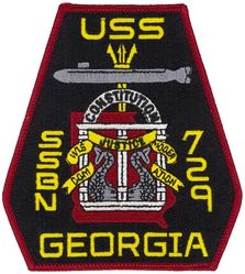 SSBN-729 USS Georgia
Namesake. State of Georgia
Ordered. 20 Feb 1976
Builder.	General Dynamics Electric Boat
Laid down. 7 Apr 1979
Launched. 6 Nov 1982
Commissioned.	11 Feb 1984
Homeport. Kings Bay, GA
Motto. Furtim, Incurso, Mutatio (English: Stealth, Attack, Change)
Status. in active service
Class and type. Ohio-class ballistic missile submarine
Displacement:	
16,764 long tons (17,033 t) surfaced
18,750 long tons (19,050 t) submerged
Length. 560 ft (170 m)
Beam. 42 ft (13 m)
Draft. 38 ft (12 m)
Propulsion:	
1 × S8G PWR nuclear reactor[1] (HEU 93.5%)
2 × geared turbines
1 × 325 hp (242 kW) auxiliary motor
1 × shaft @ 60,000 shp (45,000 kW)
Speed. Greater than 25 knots (46 km/h; 29 mph)
Test depth. Greater than 800 feet (240 m)
Complement	
15 officers, 140 enlisted
Armament:	
4 × 21 in (533 mm) torpedo tubes
154 × BGM-109 Tomahawks in 22 groups of seven

