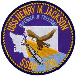 SSBN-730 USS Henry M. Jackson 
Namesake. U.S. Senator Henry M. Jackson (1912-1983)
Ordered. 6 Jun 1977
Builder. General Dynamics Electric Boat, Groton, CT
Laid down. 19 Jan 1981
Launched. 15 Oct 1983
Commissioned. 6 Oct 1984
Homeport. Bangor, WA
Motto. Defender of Freedom
Status. in active service
Class and type. Ohio-class ballistic missile submarine
Displacement:	
16,764 long tons (17,033 t) surfaced
18,750 long tons (19,050 t) submerged
Length. 560 ft (170 m)
Beam. 42 ft (13 m)
Draft. 38 ft (12 m)
Propulsion:	
1 × S8G PWR nuclear reactor[1] (HEU 93.5%)
2 × geared turbines
1 × 325 hp (242 kW) auxiliary motor
1 × shaft @ 60,000 shp (45,000 kW)
Speed. Greater than 25 knots (46 km/h; 29 mph)
Test depth. Greater than 800 feet (240 m)
Complement. 15 officers, 140 enlisted
Armament:	
MK-48 torpedoes
20 × Trident II D-5 ballistic missiles

